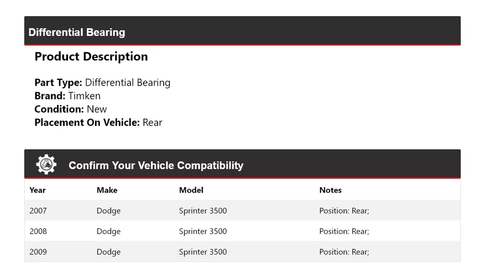 适用于 2007 - 2009 道奇 Sprinter 3500 差速轴承后铁姆肯公司 2008 — 第 2/4 张图片