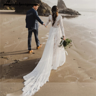 Beach Boho Wedding Dress Lace Long Sleeves Backless Chiffon A-line Bridal Gowns | eBay Beach Boho Wedding Dress Lace Long Sleeves Backless Chiffon A-line Bridal Gowns | eBay