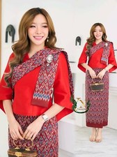 1set Thai Traditional Sabai Dress Blouse Skirt Silk Merit Wedding SizeM-4XL