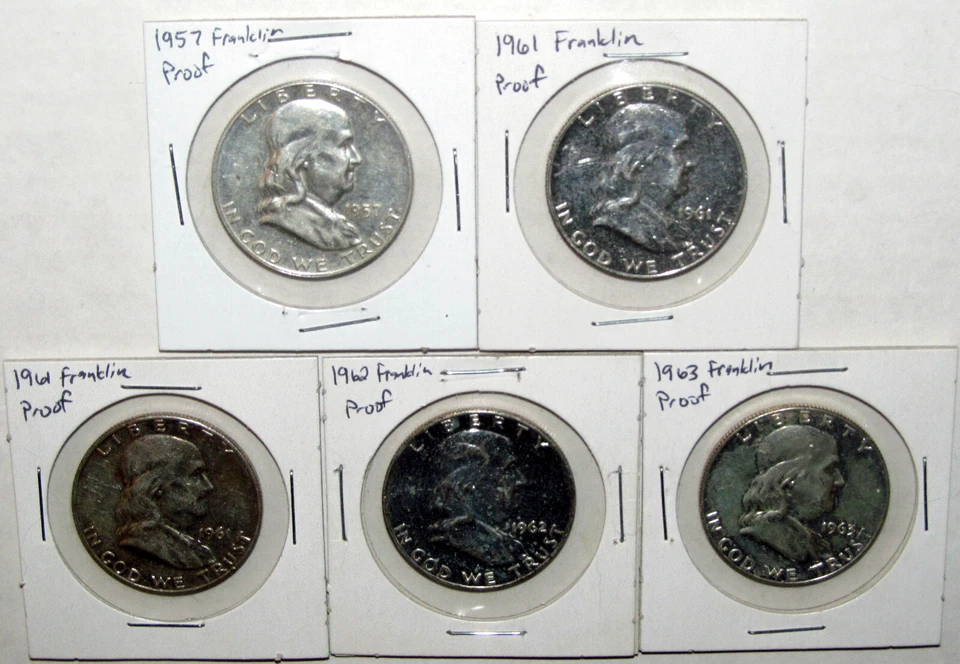 Franklin Half Dollar 90% Silver Proof Lot (x5)  Mirror Finish  SEE PICS - Image 2 of 3