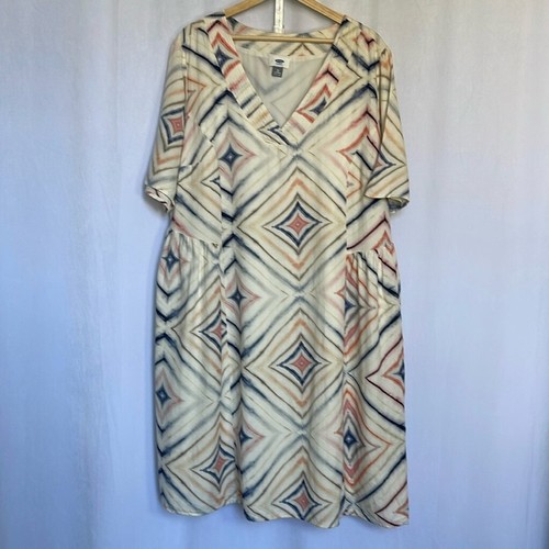 Old Navy V-neck Dress Size 2X Geometric Print Midi Short Sleeve Art to Wear EUC