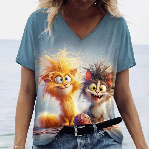 Women’s 3D Cat Print T-Shirt Casual Oversized Tee, Short Sleeve Crew Neck Street - Picture 53 of 124