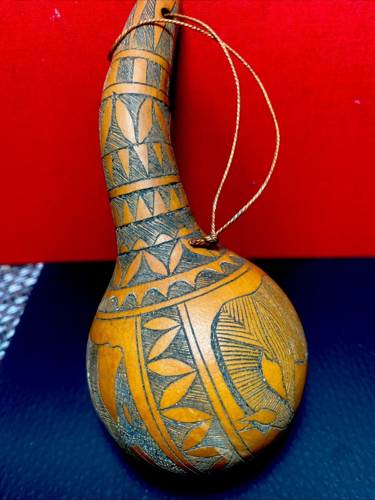 Gourd Ornament with Elephant, Rhino, Zebra Etched Design Collectible Folk Art