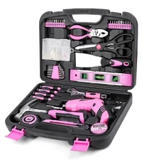URASISTO Pink Household Tool Set with 3.6V USB Electric Screwdriver 136 PCS H...