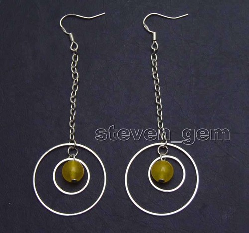 SALE Großer 28 mm & 14 mm Metallring und 8 mm runder gelber natürlicher Jade Ohrring - Ohr 566 - Bild 3 von 5