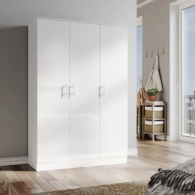 ELEGANT White Gloss 3 Door Triple Wardrobe with Hanging Rail & Shelves Bedroom Furniture