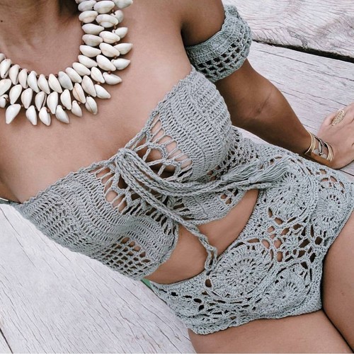 Damen Häkeln Sexy Bikini Set Boho Badeanzug Weste Hohl Sonnenbaden - Bild 3 von 12
