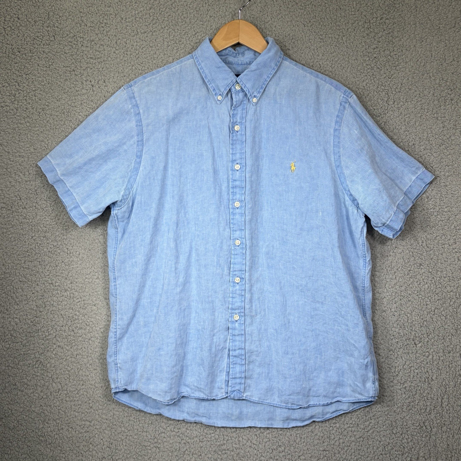 Polo Ralph Lauren 100% Linen Shirt Large Blue Short Sleeve Preppy Cruise Beach