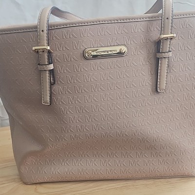 Michael Kors Large Beige Monogram Embossed Tote Gold Hardware Detachable Strap