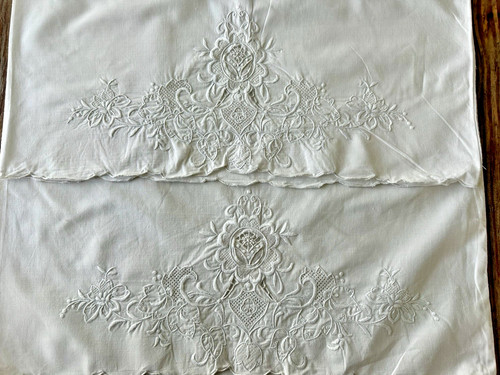 A+ 2 Vintage White Cotton Pillowcases 19x30 Whitework Hand Embroidery Cut Work