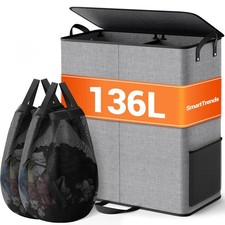 136L 2 Section Laundry Hamper with Lid, Laundry Basket, Gray