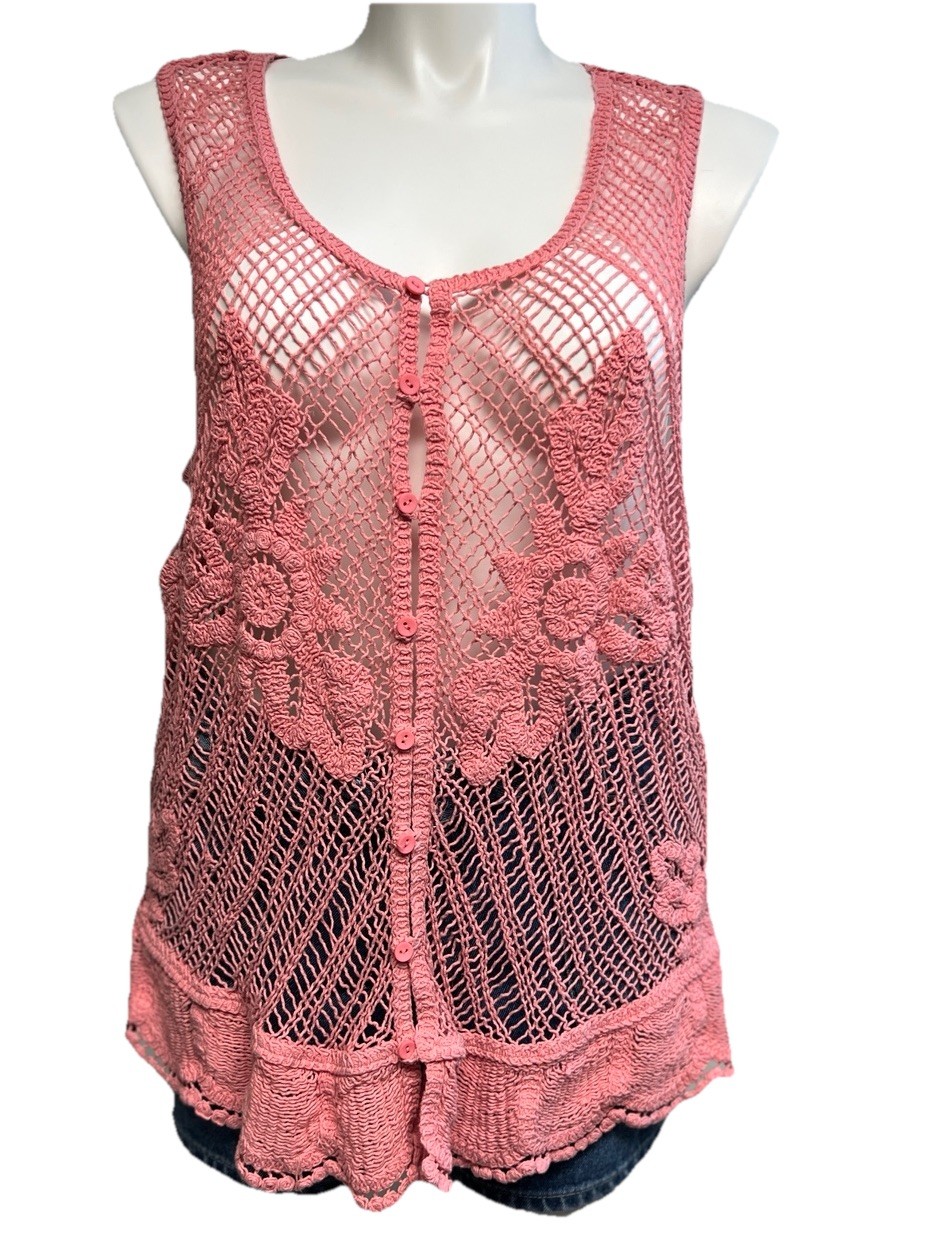 VTG Y2K Pink Vest Crochet Cardigan Open Knit Sweater 22/24W Hippie Boho Festival