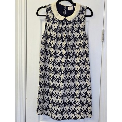 ModCloth Navy Blue Cat Print Peter Pan Collar Sleeveless Shift Dress Medium