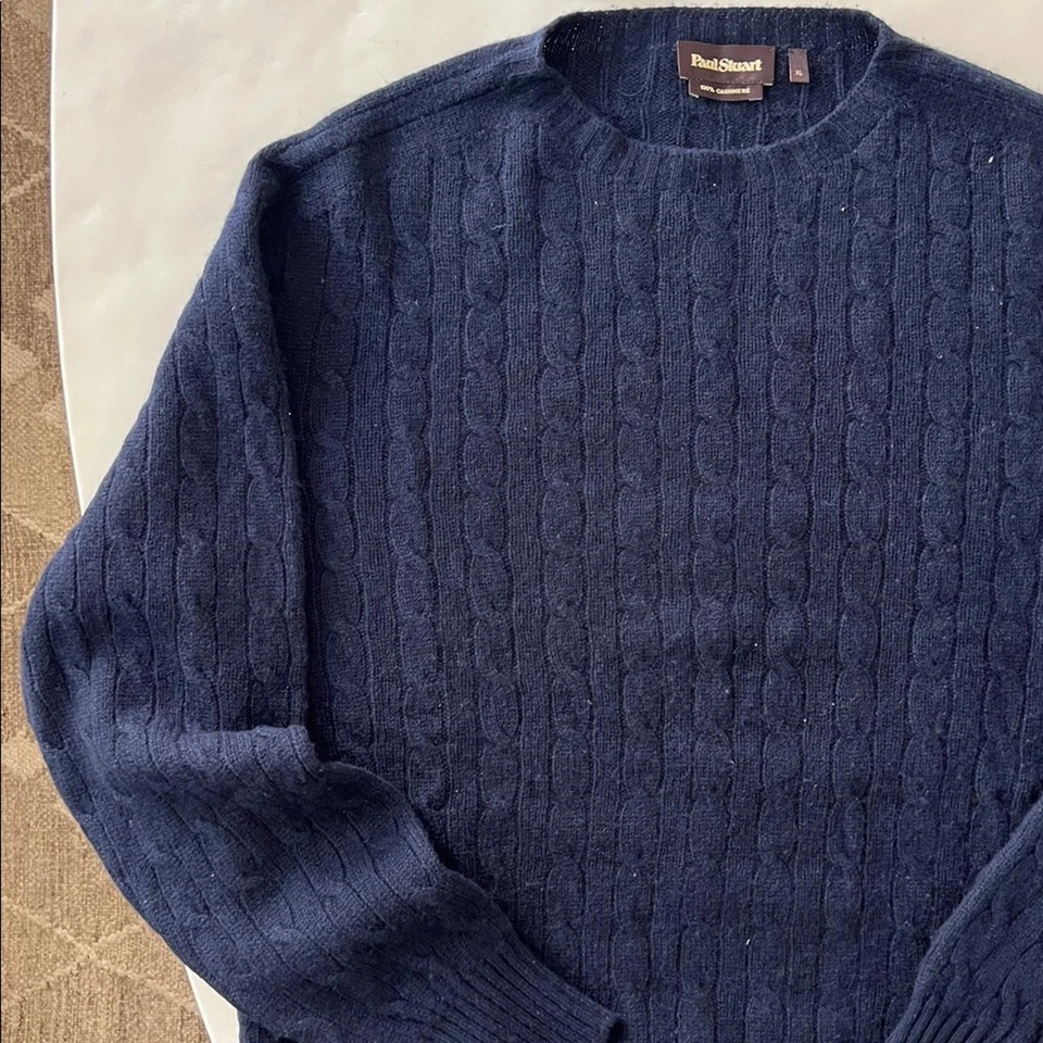 Paul Stuart Men's 100% Cashmere Cable Knit Navy Blue Crewneck Sweater XL $895 - Image 3 of 4