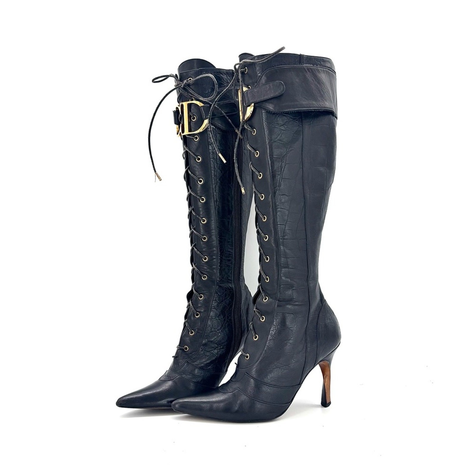 Vintage Christian Dior Fall 2000 CD Croc Emboss Pointed Toe Knee High Boots 37.5 thumbnail 2