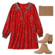 Free People Red Floral Boho Mini Dress XS Long Sleeve Lace Up Raw Hem in EUC