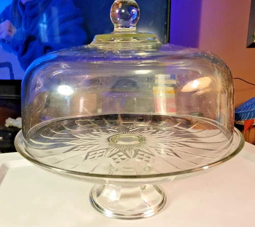 Vintage Anchor Hocking 12" Pedestal Glass Cake Stand with Dome Starburst Pattern