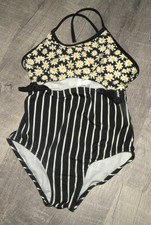 Girls ART CLASS One Piece Swim Bathing Suit Sz 6/6X DAISIES Stripes ADJUSTABLE