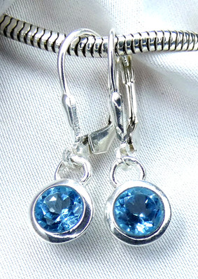   Blautopas Ohrhänger 925 Silber Klappbrisur rund facettiert 7 mm Swiss Blue  