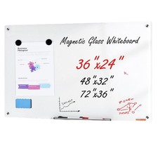 Magnetic Glass Whiteboard, Dry Erase Board 36"x24", Wall-Mounted Large Whi
