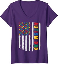 Autism Awareness Day Dad Autistic Kids USA Flag Ladies' V-Neck Tshirt