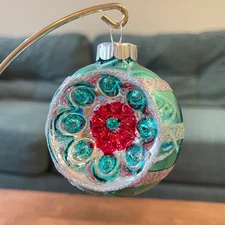 Radko Shiny Brite Glitter Stripe Ornament Indent Ball pink green blue red silver