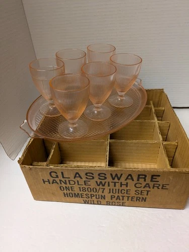 7 Piece Jeannette Depression Homespun Pink Juice Ftd Tumblers W/ Tray And Box