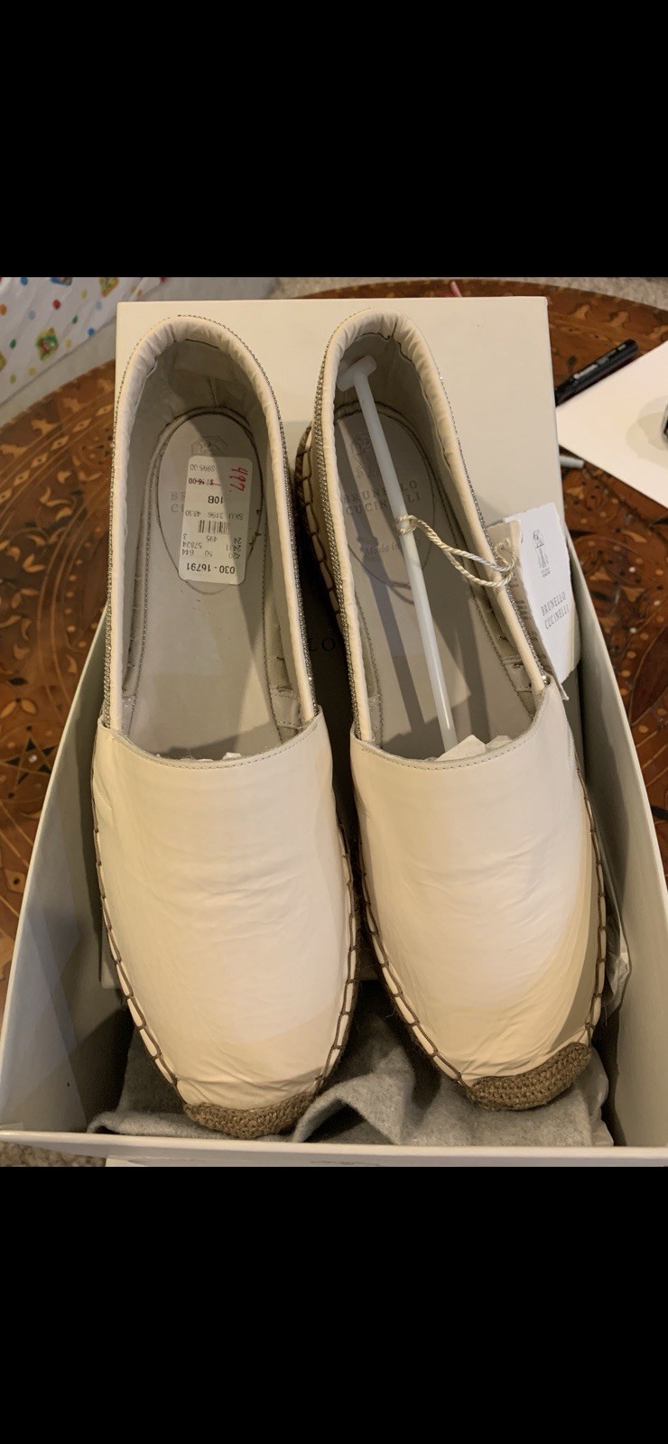 Brand new in box Brunello Cucinelli Monili-Trim ivory Leather Espadrille Sz 40