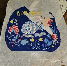 Vintage 1970s French Needlepoint On Canvas Nearly Completed Fish/Flowers/Words