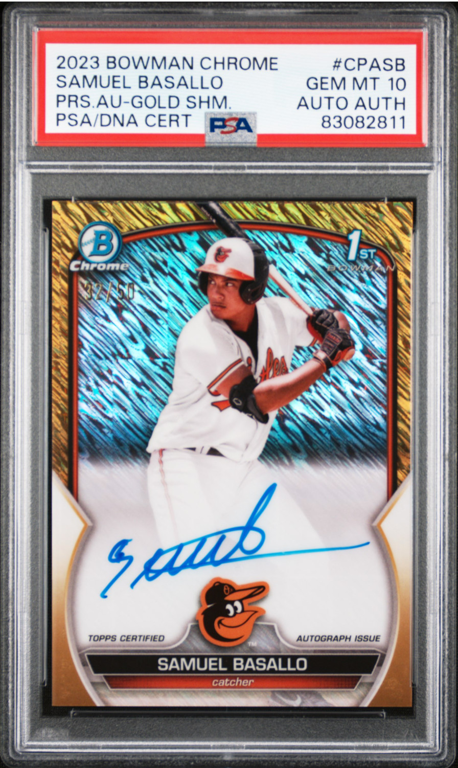2023 Bowman Chrome Samuel Basallo 1st Auto Gold Shimmer Refractor /50 PSA 10 DNA