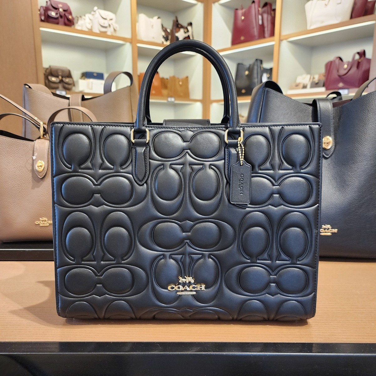 New COACH Maggie Tote Bag In Signature Black Leather Shoulder Bag