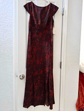 Women's Brown/orangeFloral Satin Maxi Dress S V-Neck Cap Sleeve Zip A-Line
