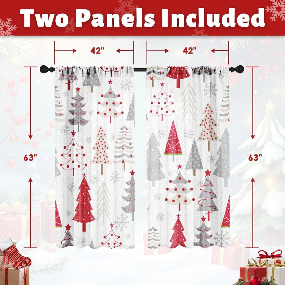 Cortina de Navidad, Árbol de Navidad Bosque Rojo Gris Cortinas Transparentes, Varilla de Invierno... Foto 2 de 4