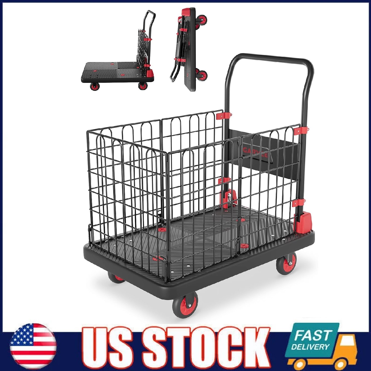2-in-1 Platform Truck Cart, 1000 lbs Capacity Flatbed Dolly Cart w/ Safety Cage