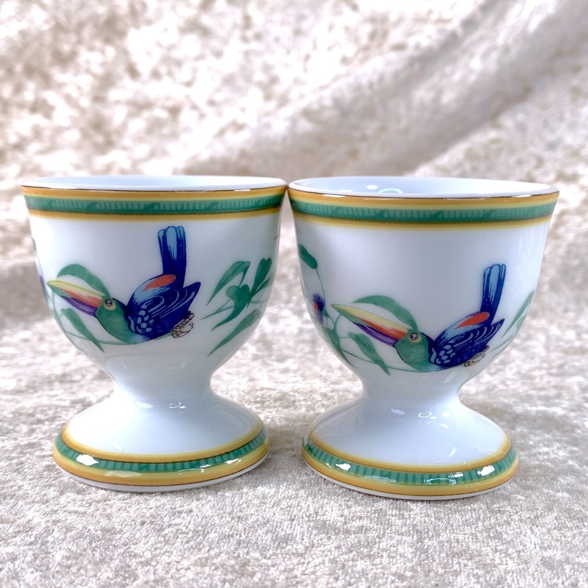 Hermes Paris Toucans Egg Stand Holder Porcelain Tableware Set of 2