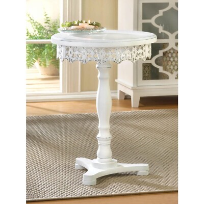 Accent Side Table Flourish Pedestal Shabby White Finish Wood Furniture 16''x21'' H