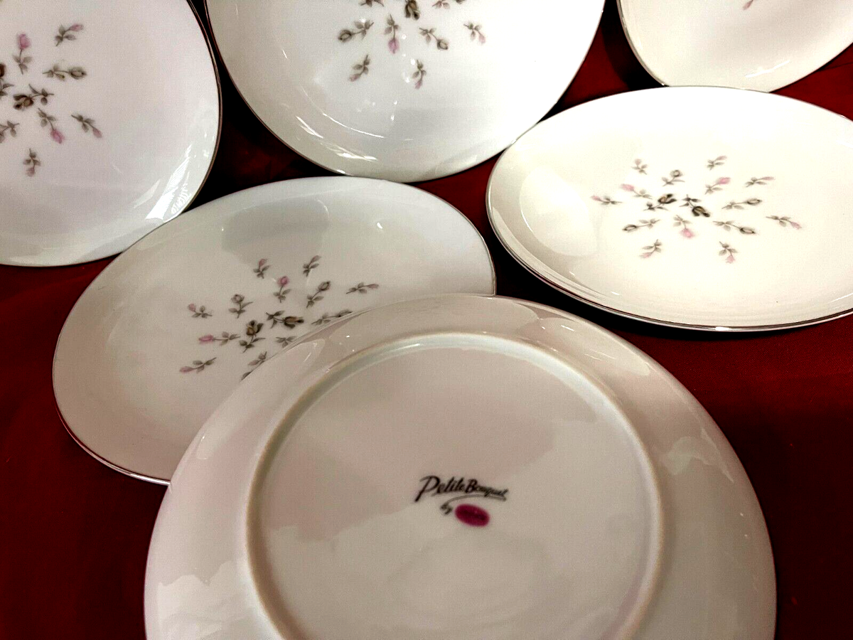 Petite Bouquet By Japan Set Of 6 Floral Silver Rim Salad Plates 7