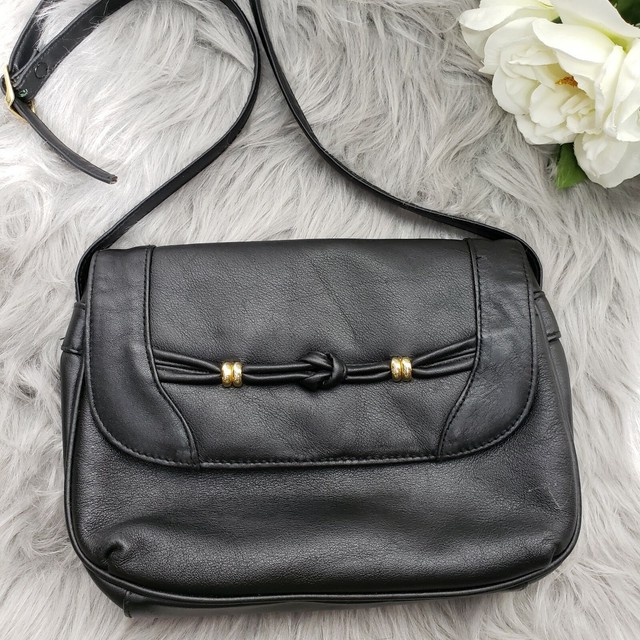 Vintage Tula Bags Genuine Leather Black Crossbody Purse Bag Flap Gold