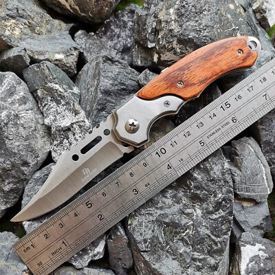 Tactical Defensive Folding Knife Orange Wood Handle Self Defense