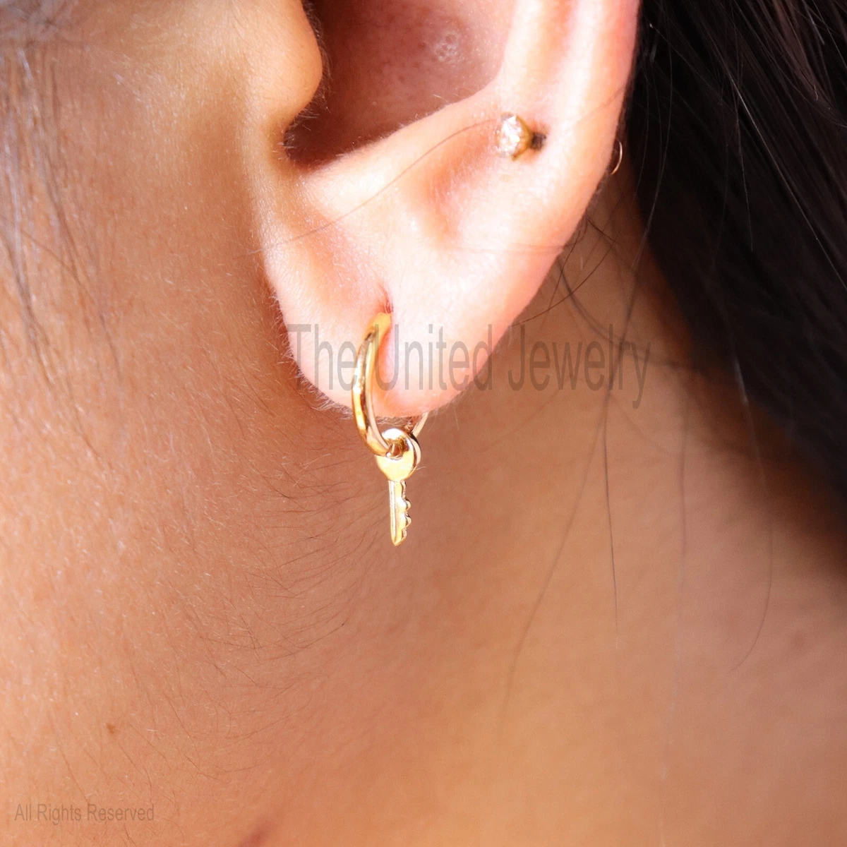14K Gold Key Charm Hoop Earrings 14k Gold Hoop 14K Gold Earrings