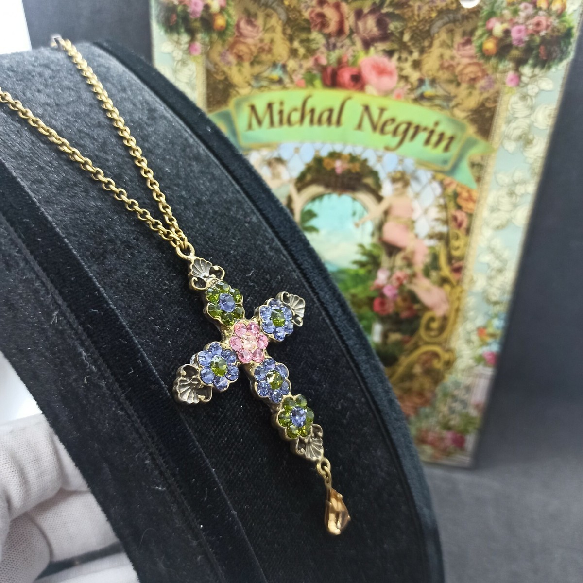 Michal Negrin Cross Necklace Purple Flower Pendant & Swarovski
