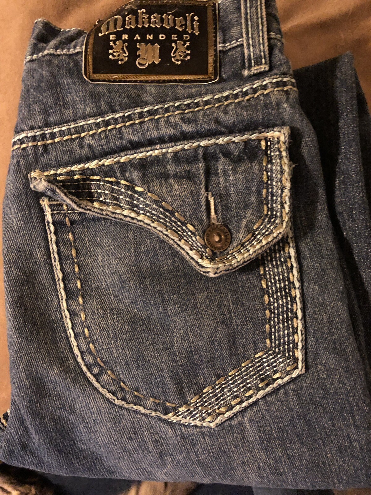 Makaveli Boys Denim Blue Jeans Med Wash Size 14 Distressed Flap Pockets
