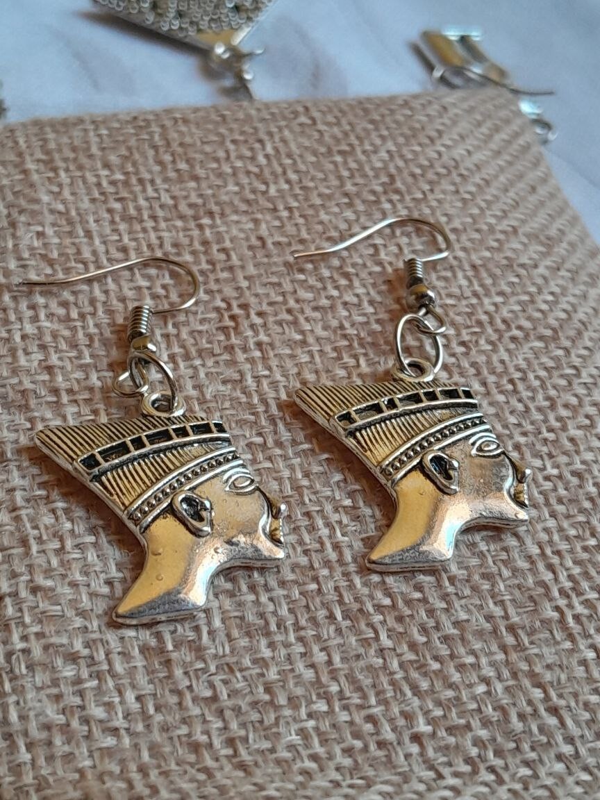 Silver Nefertiti Egyptian Queen Drop Dangle Hook Earrings