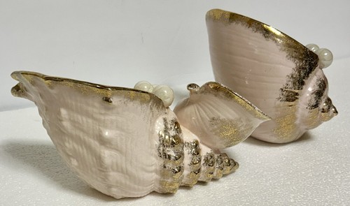 Vintage MCM Ucagco Seashell Themed Planter Set - Pink and Gold - Set Of 2 Tropic