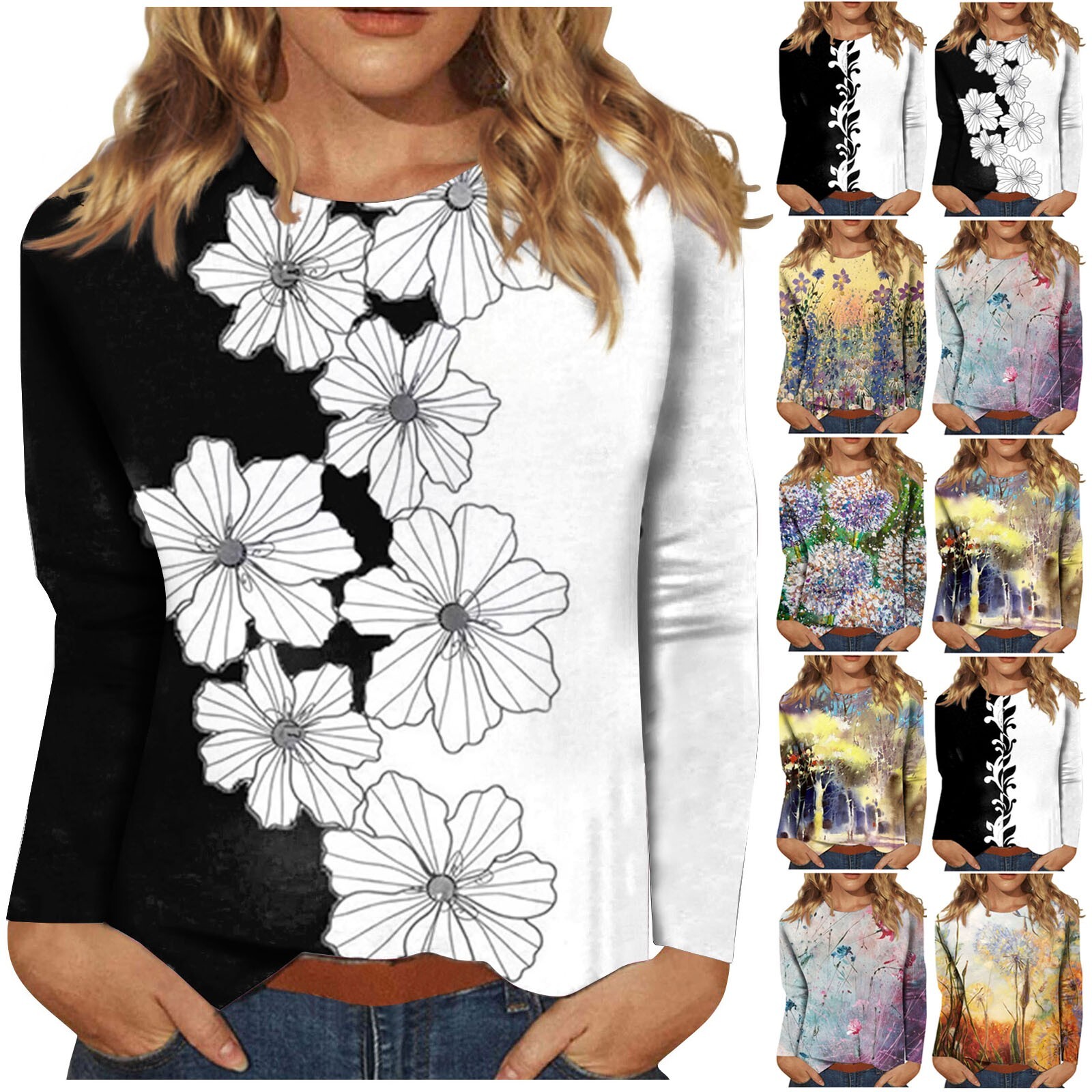 Women Long Sleeve Shirts Foral Print Graphic Tees Blouses Casual Pullover Tops-image