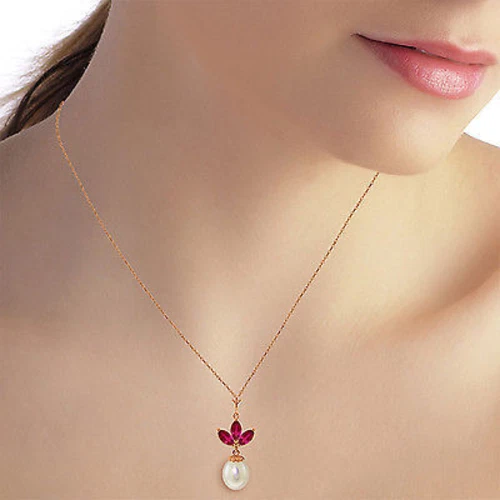 Brand New 14K Solid Rose gold 18" fine Necklace w pearl & Rubies - Image 2 of 4