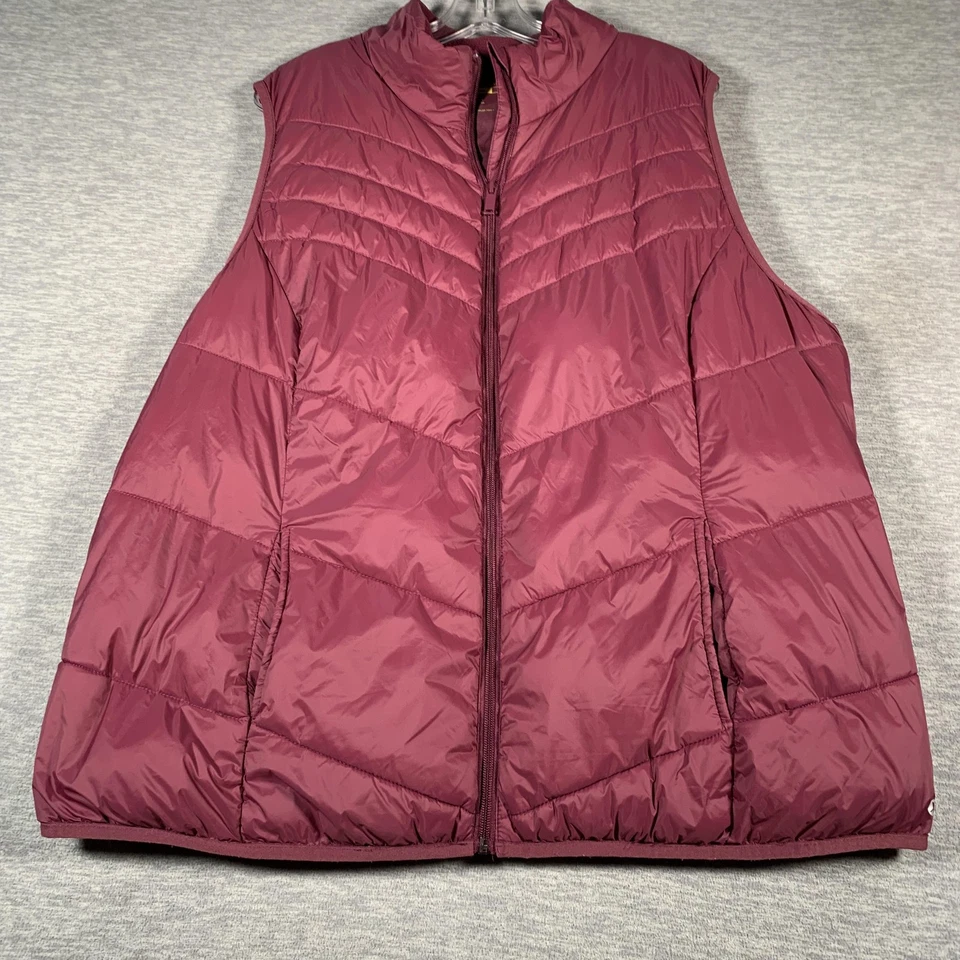 Chaleco acolchado Xersion Puffer para mujer 2X Borgoña empaquetable bolsillos con cremallera ligero Foto 3 de 4