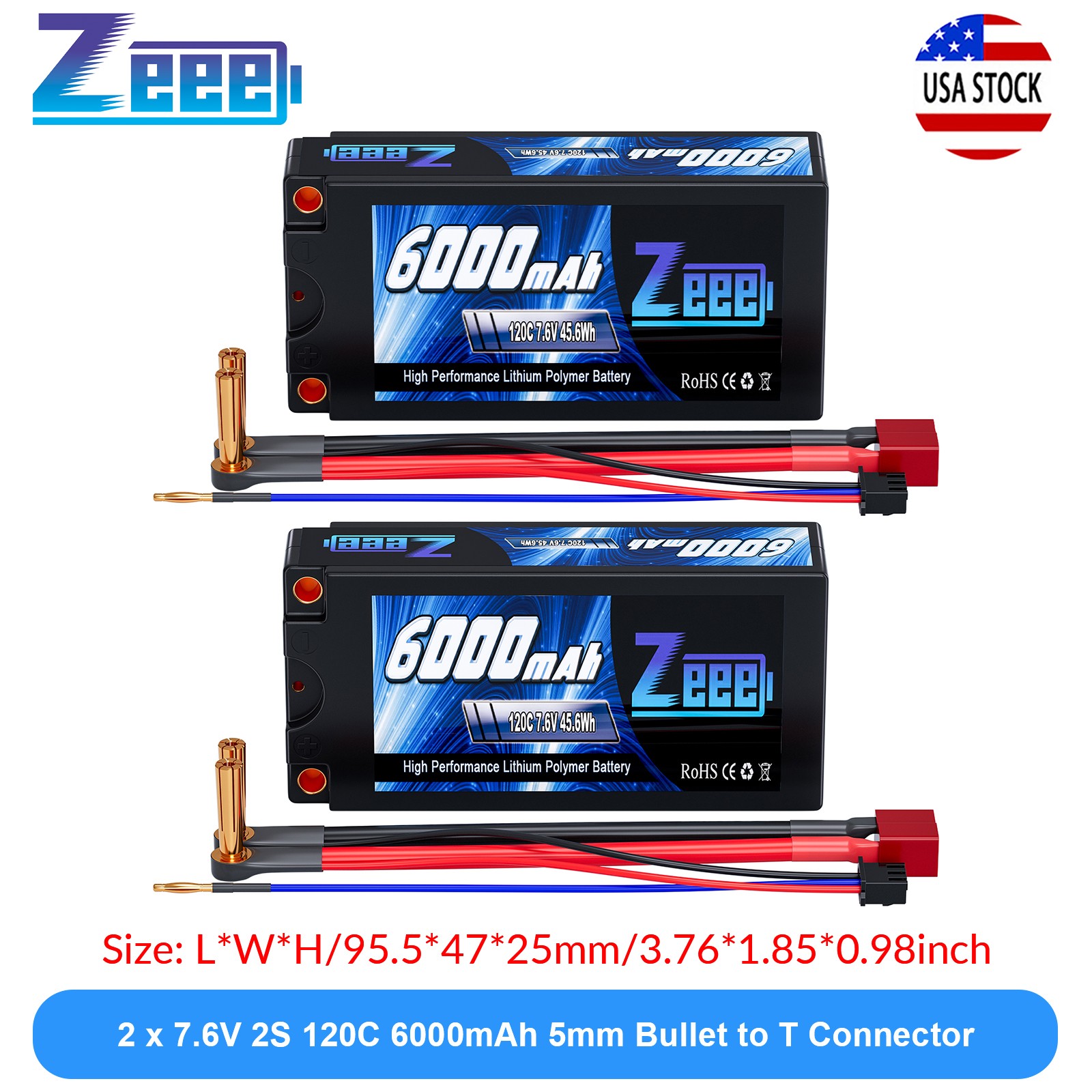 2xZeee 2S Shorty Lipo Battery 6000mAh 7.6V 120C 5mm Bullet T