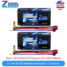 2xZeee 2S Shorty Lipo Battery 6000mAh 7.6V 120C 5mm Bullet T Plug for RC 1/10Car