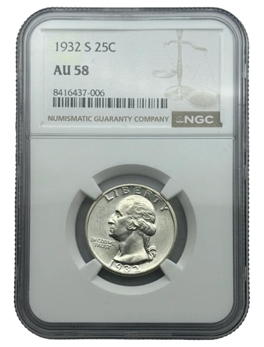 1932-S Washington Quarter, NGC AU58, Key Date. Blast White and Lustrous Coin.